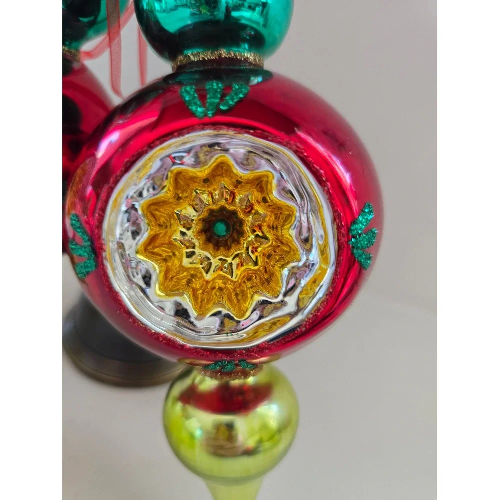 The Gerson Co Set of 2 Red Green Gold Glass Reflector Finial Ornaments 7 in New
